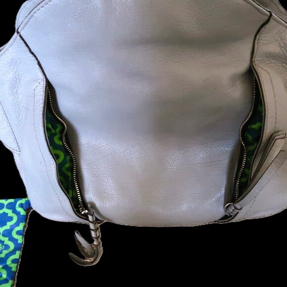 OrYany Leather Cotton Hand Bag Purse Silver Tone Hardware Green Pattern Lining - Picture 4 of 15